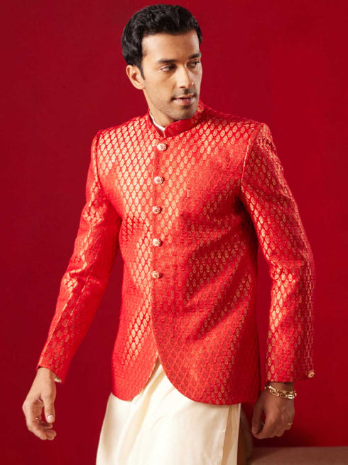 Men's Red Banarasi Woven Jodhpuri
